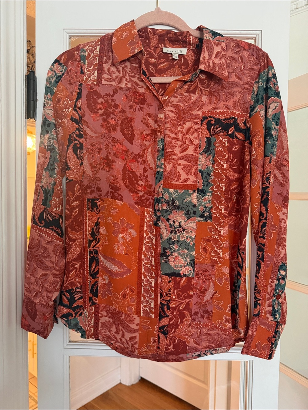 Women's Button-Down Patchwork Print Shirt - Rust Floral